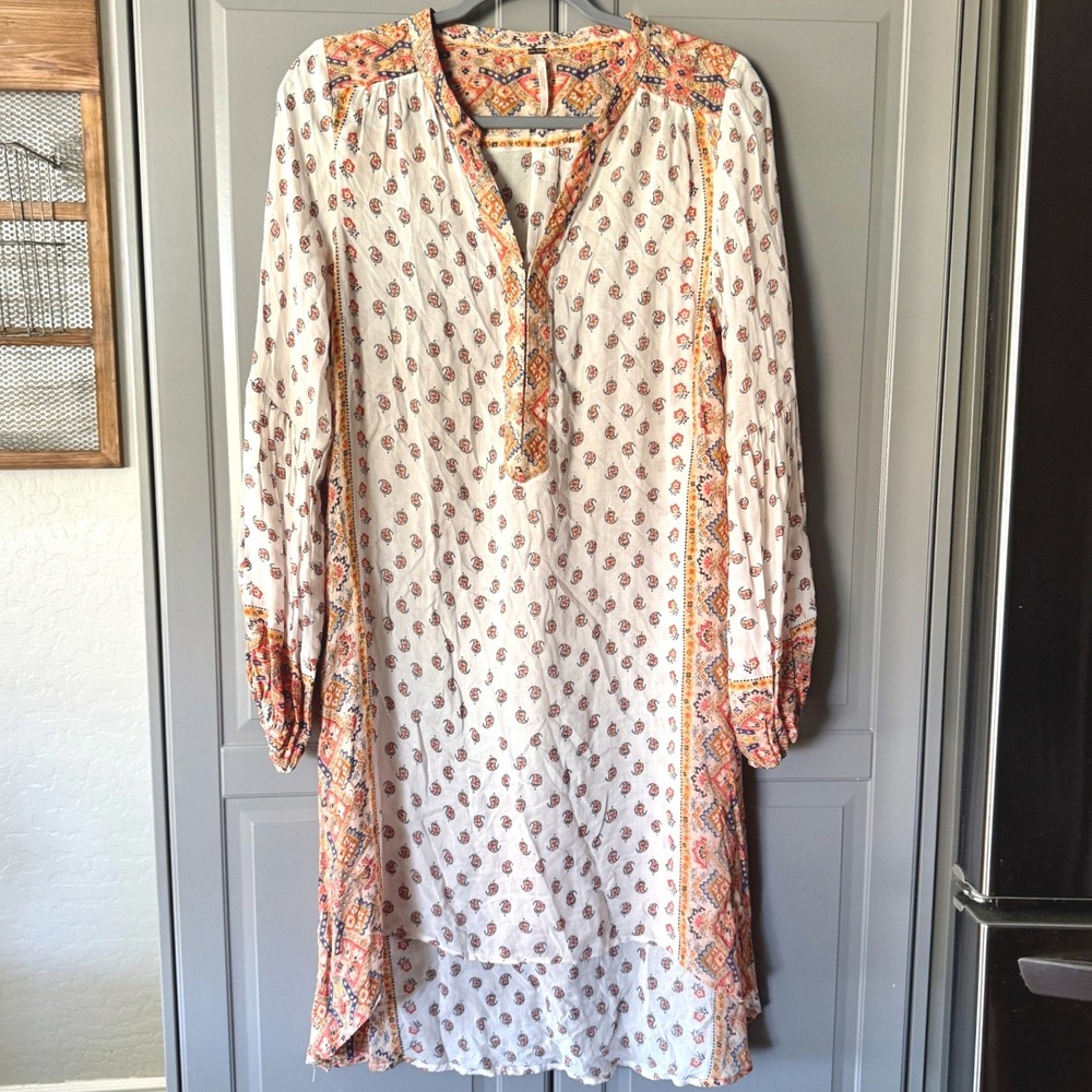 Free People White Mini Dress with Orange Paisley Trim
